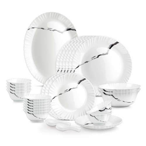 Image of Treo by Milton Opalware Aurelia Stria Dinner Set of 33 | Serving for 6 | Microwave & Dishwasher Safe | Bone-Ash Free | Tempered Toughness | Plates, Bowls, Spoons | Crockery Set for Dining & Gifting