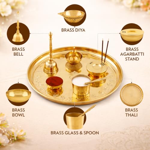Image of Mkd2 Rise Pure Brass Pooja Thali Set I Puja Thali Set for Festival, Home, Temple, Mandir, Diwali Gift (10 Inches, Set of 7 Pieces)