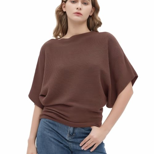 Image of EDSTAR Women's Boat Neck Short Sleeve Dolman Knit Sweater, Brown | Boat neck, short batwing dolman sleeves, soft knit fabric, casual summer autumn pullover, versatile daily wear, solid color
