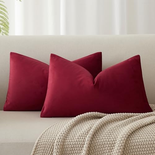 Image of JUSPURBET Decorative Pillow Covers Set of 2 Velvet Throw Pillow Covers for Couch Sofa Bed Soft Lumbar Cushion Covers with Hidden Zipper for Living Room Home Decor,Burgundy,14x24 inch