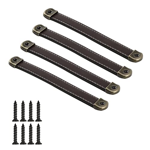 CONPHERON 4 Pcs Vintage Leather Handles Furniture Kitchen Drawer Pull Cabinet Door Handle Retro Handmade Leather Handles for Cupboard Pulls Drawer Knobs 160mm