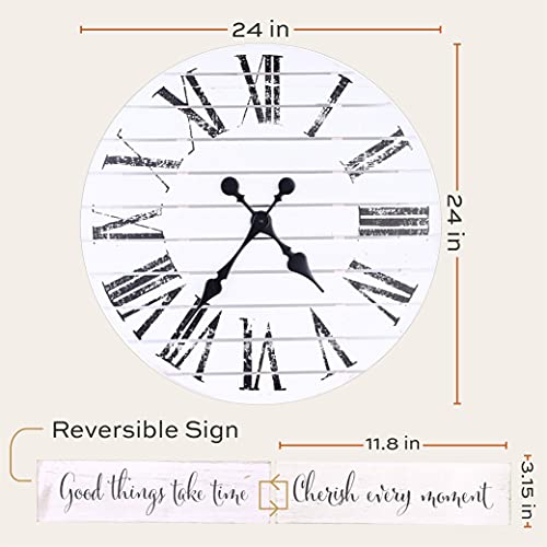 Alben Large Farmhouse Wall Clock - 24 Inch Round Shiplap Farmhouse Style Clock Bundled With Decorative Reversible Wooden Sign #TOP4