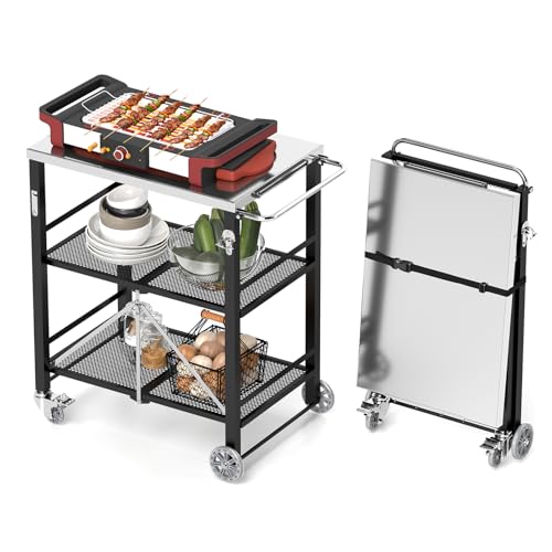 YORKING-Foldable-Outdoor-Grill-Cart-Stainless-Steel-3-Tier-Kitchen-Cart-with-2-Lock-Wheels-Moveable-BBQ-Table-Kitchen-Island-with-Tool-Hooks-Bottle-Opener-for-Home-Party-Bar-Camping-Black YORKING Foldable Outdoor Grill Cart Stainless Steel 3 Tier Kitchen Cart with 2 Lock Wheels Moveable BBQ Table Kitchen Island with Tool Hooks Bottle Opener for Home Party Bar Camping Black