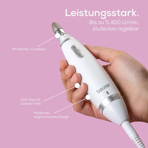 Foto von Beurer MP 62 Maniküre-/ Pediküre-Set, elektrische Nagelfeile mit 10 hochwertigen Nagelpflege-Aufsätzen, LED Licht, Nagelfräser mit stufenloser Geschwindigkeitsregelung, mit Aufbewahrungstasche, Weiß