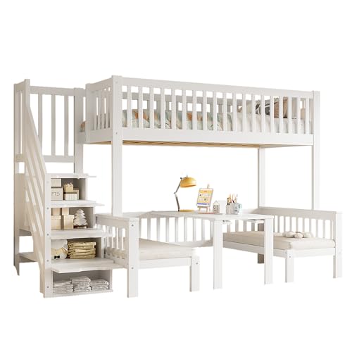 Azkoeesy Kinderbett Etagenbett mit Treppe und Stauraum, 90x200 + 120x200 cm, umbaubar in Sofa und Schreibtisch, Multifunktionales Hochbett für 2 Erwachsene und Jugendliche, Kiefernholz, weiß