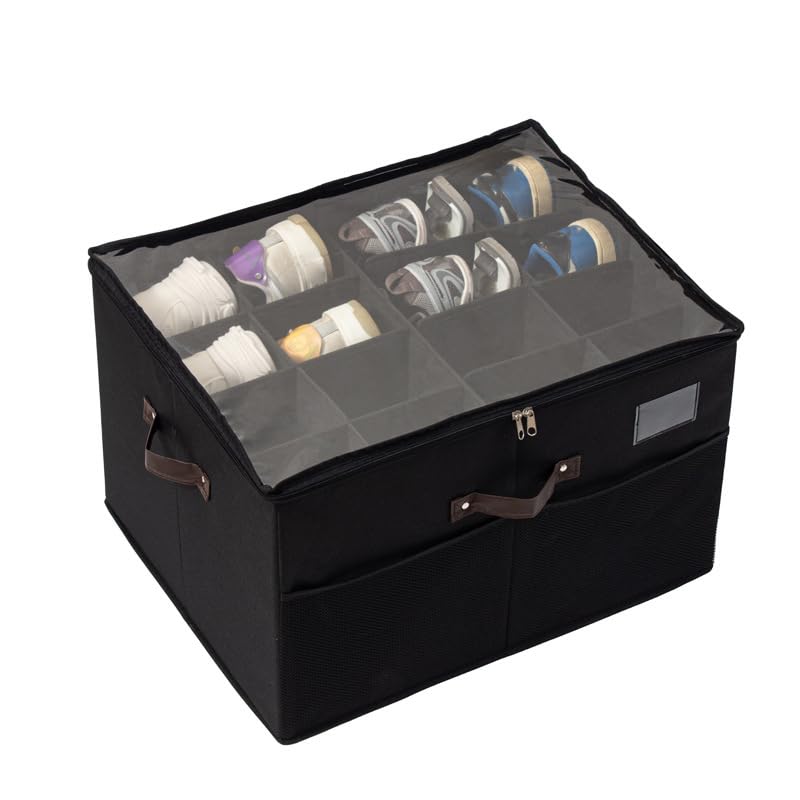 Grande scatola organizer per scarpe, 53 x 42 x 33 cm, multi-scomparto con coperchio trasparente (nero)