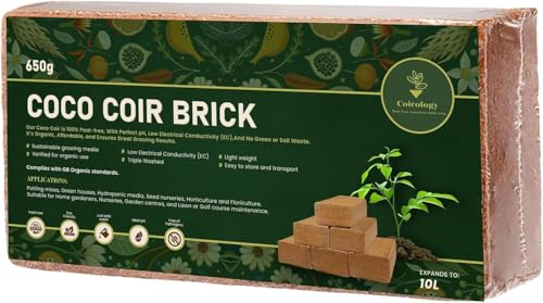 COIROLOGY Coco Coir Brick 650g | 100% Natural pH Stabilized Peat Free Compressed Coconut Fiber | Organic Top Soil for Seed Starting, Potting Compost, Indoor Plant Soil & Garden Bedding