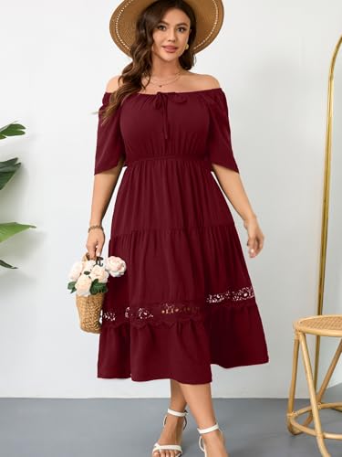 Image of RWJ Women's Plus Size Maxi Dress Short Sleeve Square Neck Flowy A-Line Lace Trim Flutter Party Casual Off Shoulder Dresses