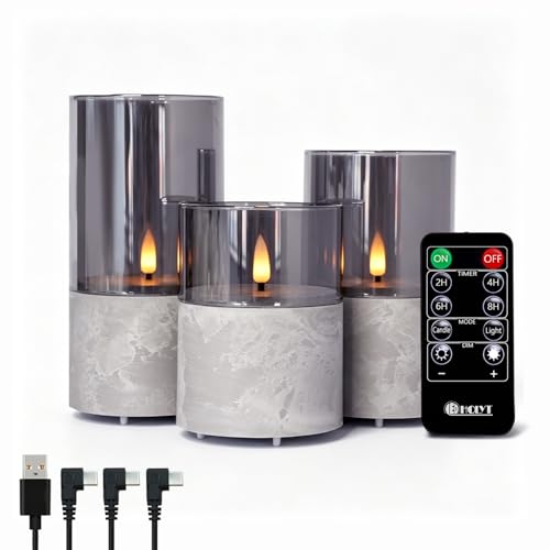 Image of LEDHOLYT Rechargeable Marble Flameless Candles, Gray Glass LED Pillar Candle with Remote & Timer,Decorative Candles for Living Room, Bedroom, Holiday Decor & Gifts for Women,Set of 3