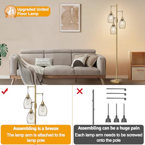 Image of Dimmable Floor Lamp, 3 x 800LM LED Edison Bulbs Included, Farmhouse Industrial Floor Lamp Standing Tree Lamp with Elegant Teardrop Cage Tall Lamps for Living Room Bedroom Office Dining Room-Brass