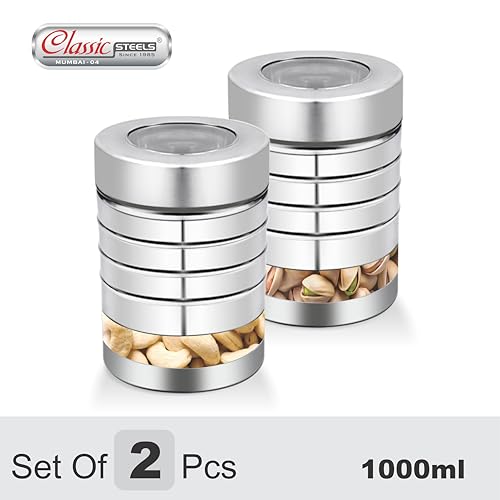 Image of Classic Steels Utility Canister Set of 2, 1000 ml | Airtight Stainless Steel Kitchen Storage Containers with See-Through Window & Top View Lid | Spices, Dry Fruits, Tea, Sugar | Mirror Finish Silver