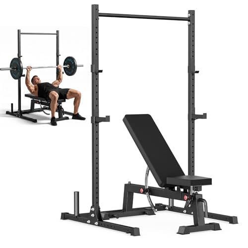 papababe Adjustable Weight Bench with Squat Rack, Multi-Functional Power Rack with J-Hooks and Safety Arms, Heavy-Duty Workout Bench with Two-Way Angle Adjustment for Home and Garage Gym