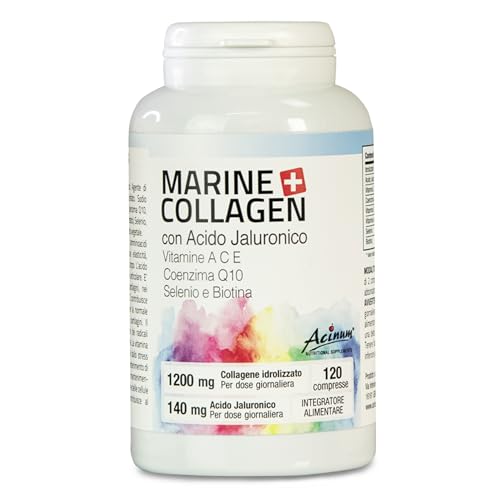 Acinum Integratore di Collagene Marino con Acido Jaluronico, Vitamine A, C, E, Coenzima Q10, Selenio e Biotina, 120 Compresse da 1200 mg