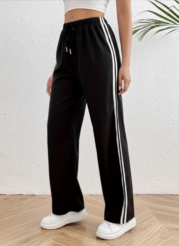 Image of dockstreet Straight Long Length Trouser Style Drawstring Contrast Belt Black and White Trackpant for Women /Trending, Relaxed Casual Lowers for Women