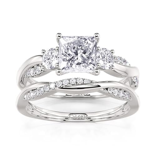 Image of Jeulia Round /Princess Cut Wedding Ring Sets for Women Three Stone Bridal Sets Engagement Ring Set CZ Twisting Infinity Pave Set 925 Sterling Silver Free Engraving