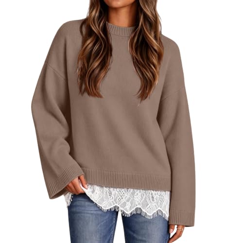 Oversized Sweaters for Women Lace Trim Hem Long Sleeve Comfy Pullover Tops - image 1