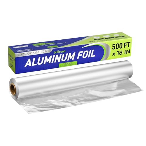 Biocean Aluminium Foil (18'' x 500 ft) for Food, Heavy Duty Tin Foil Roll, Non-Stick Disposable Food