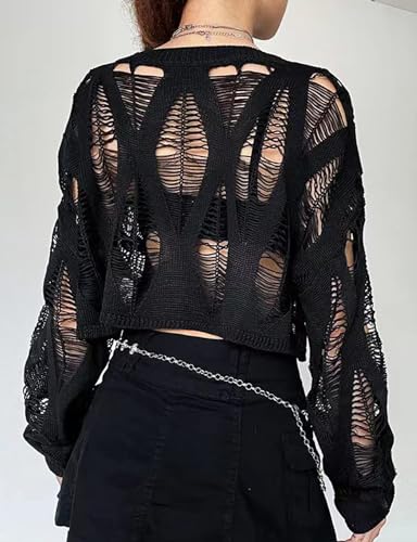 Image of Women Gothic Sweater Hollow Out Ripped Knit Pullover Punk Hole Sexy Slim Fit Cutout Long Sleeve T Shirts Top