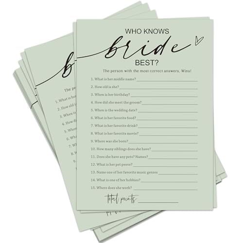 Tsunerrorami Bridal Shower Games, Who Knows The Bride Best, 25Pcs Minimalist Sage Green Bridal Game Cards, Wedding Shower Games for Guests, Engagement Bachelorette Party Supplies