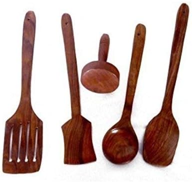 A S Handicrafts Multipurpose Serving and Cooking Spoon Set Tools Essentials Wooden Spatulas Mixing and Turning Kitchen Utensil Set & Masher of 5 (with 1 Key Ring Free)