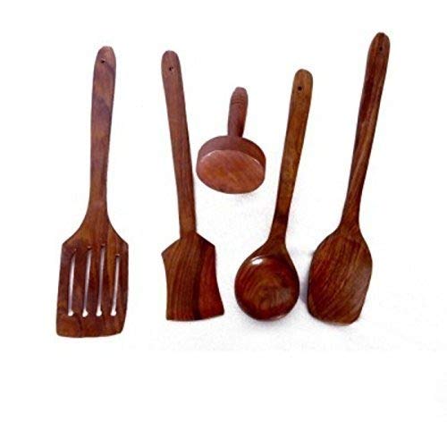 A S Handicrafts Multipurpose Serving and Cooking Spoon Set Tools Essentials Wooden Spatulas Mixing and Turning Kitchen Utensil Set & Masher of 5 (with 1 Key Ring Free)