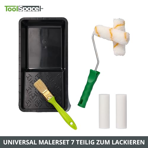 ToolSpace Lackierset Universal Malerset 7er Set Lackieren von Möbeln Kleinflächen 2x Schwammrollen und Polyacryl Farbrollen 1x Rollengriff 1x Flachpinsel Farbwanne Holzlack Streichset Malerrolle DIY