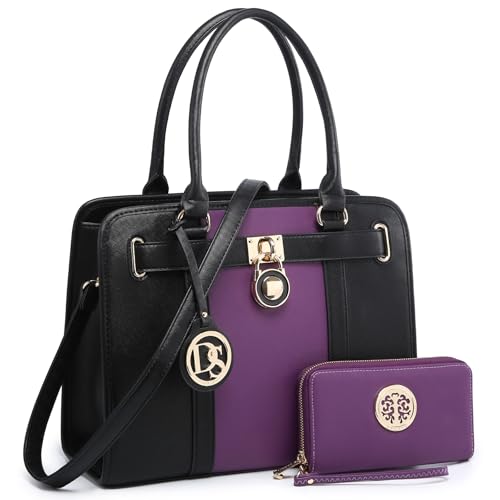 Image of Dasein Women's Designer Satchel Handbag Two Toned Padlock Purse Top Handle Shoulder Bag w /Chain Strap