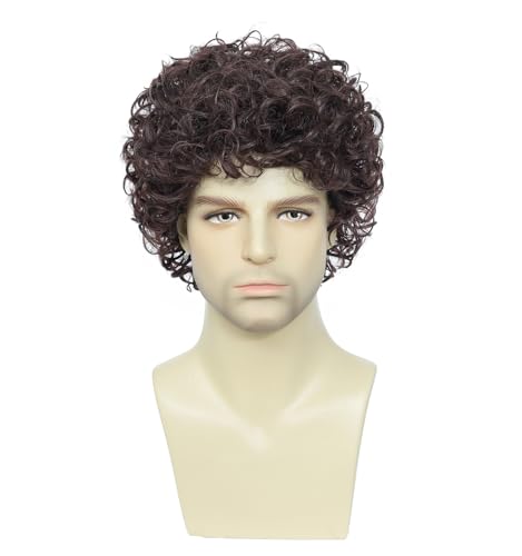 Image of Men's Short Curly Afro Wig - Ideal for 70s & 80s Disco Outfits, Halloween Cosplay Events, and Everyday Styling (Dark Brown)