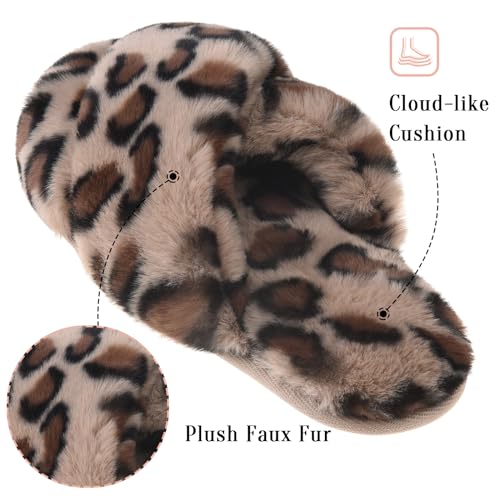 VONMAY Women's Soft Cross Band Slippers Plush Furry Slides Faux Fur Open Toe Comfy Slip On House Shoes3