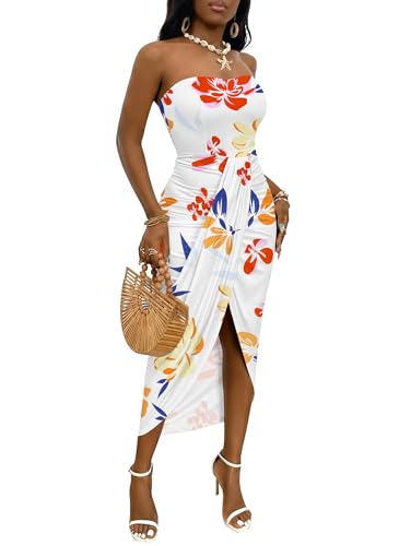 Umenlele Women's Tube Strapless Dress Orange Flowers X-Large