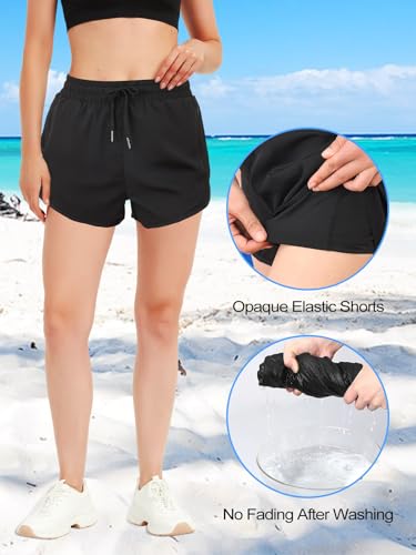 Badeshorts Damen mit Taschen Badehose Damen High Waist Schnell Trocknende Schwimmhose 2 in 1 Shorts mit Liner – Bild 5