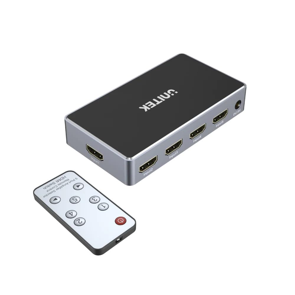 Unitek Splitter HDMI Switch 1.4b 5 IN-1 Out 4K - Con telecomando per 5 sorgenti HDMI - Lettore HD Recorder PC console di gioco - Compatibile con Dolby TrueHD DTS-HD e audio surround 7.1