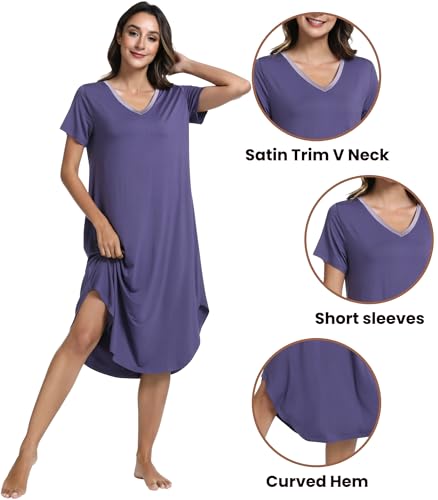 Image of NACHILA Nightgowns for Women-Viscose Made from Bamboo, V Neck Sleepshirts Short Sleeve Sleepwear Cool Nightshirt