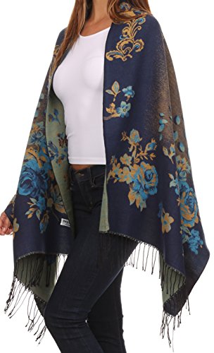 Sakkas CHS1810 - Ontario double layer floral Pashmina/Shawl/Wrap/Stole with fringe - 1-Navy - OS