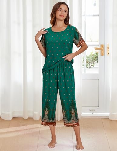 Image of Ekouaer Women's Two Piece Lounge Set Short Sleeve Shirt and Capri Pants Mumu Pajama with Pockets Loungewear Pjs Sets S-2XL