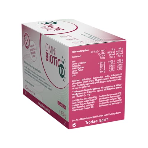 OMNi BiOTiC 10 | Antibiotikum? Darmflora ergänzen | Empfehlenswert ab dem ersten Tag einer Antibiotika-Therapie | Pulver | Zur täglichen Anwendung | Mit Inulin | Vegan | Glutenfrei | 30 Portionen