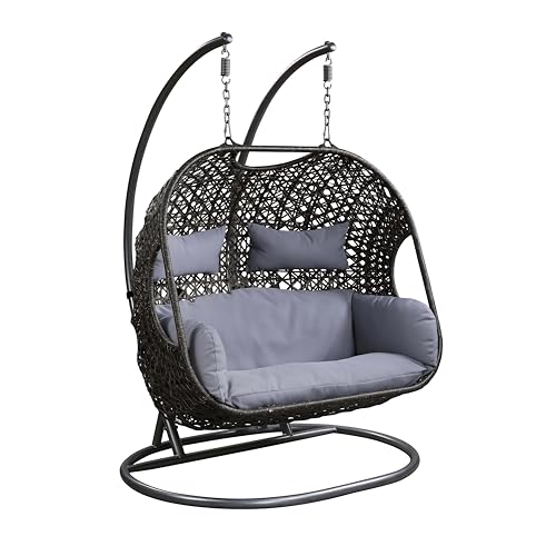 Image of Outdoor Swing for Balcony and Garden Two Seater with Stand & Cushion | Patio Hammock Jhula for Adults | Rattan and Wicker Swing Chair