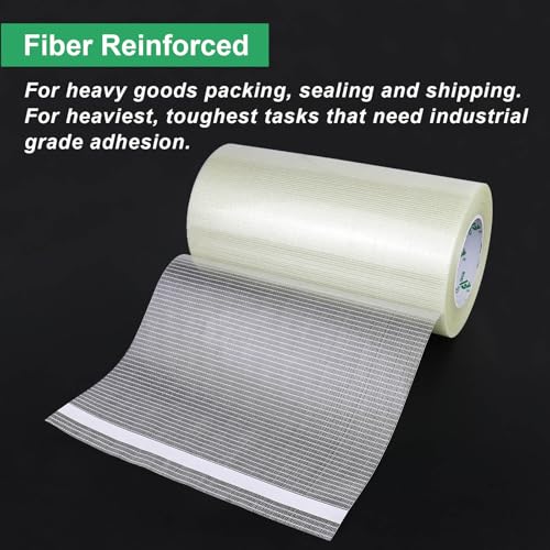 Image of BOMEI PACK Wide Fiber Reinforced Packing Tape 10 inch, Clear Heavy Duty Bi Directional Fiberglass Filament Strapping Tape 10Inch x 55yds 6.7Mil