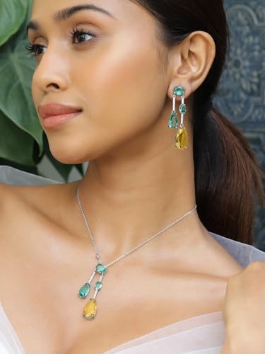 Image of Rubans Rhodium-Plated Emerald Green & Yellow Crystal Cubic Zirconia Studded Necklace Set
