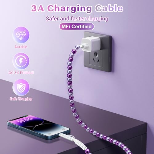 Image of Aolcev USB C Cable for iPhone Charging Cord 3.3FT 2 in 1 Multi Cute Beaded Phone Charger MFi Certified USB A to USB C and IOS Fast Charging Cable Type C Charger Cord for iPhone 16 15 14 Pro Max Purple