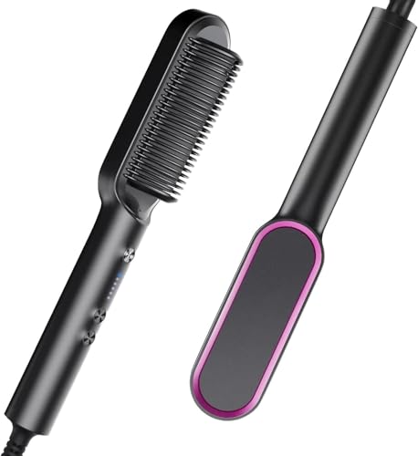 Hair Straightener Brush with Built-In Comb Fast Heating Electric Hot Comb Tourmaline Ceramic Coating 5 Temperature Settings Hair Straightener Brush That Salon Styling at Home (Matte Black)