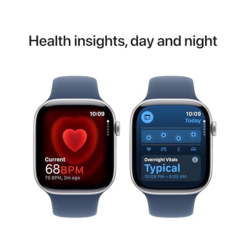 Image of Apple Watch Series 10 [GPS 46 mm] Smartwatch with Silver Aluminium Case with Denim Sport Band - S /M. Fitness Tracker, ECG App, Always-On Retina Display, Water Resistant