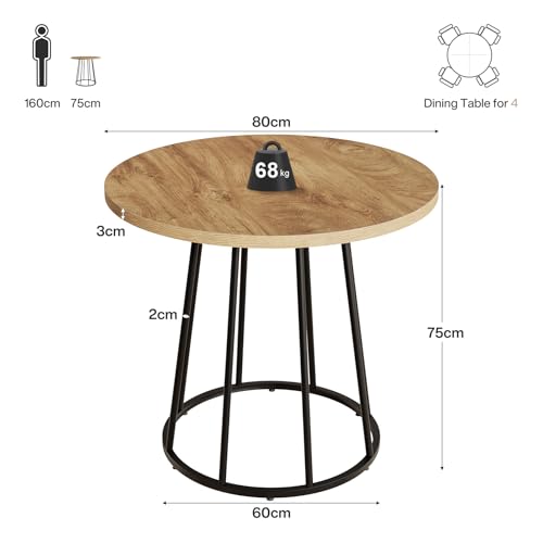 Tribesigns Round Dining Table, 80 cm Industrial Small Kitchen Table for 2-4 People, Rustic Circle Furniture with Sturdy Metal Base for living Room, Dinning Room, Office, Small Space, Brown - Image 2