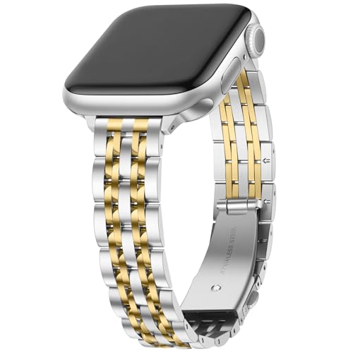 Image of Anlinser Metal Bands Compatible with Apple Watch Band for Women 49 /46 /45 /44 /42 /41 /40 /38mm, Thin Band Designed for iWatch Ultra 3-1 Series 11 10 9 8 7 6 5 4-1 SE (49 /46 /45 /44 /42mm, Silver Gold)