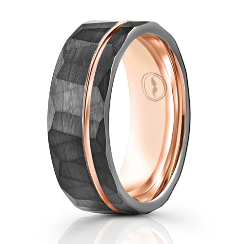 Gentlemen's Bands Men's Tungsten Carbide Wedding Band - Premium Grade Hammered Brushed Tungsten Wedding Ring for Men - Includes Silicone Band, Leather Drawstring Pouch, and Luxury Walnut Box