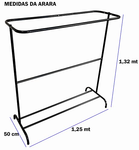 Arara Dupla Horizontal Oval Com Sapateira e Barra Central - Capacidade para 180 Cabides (preta)