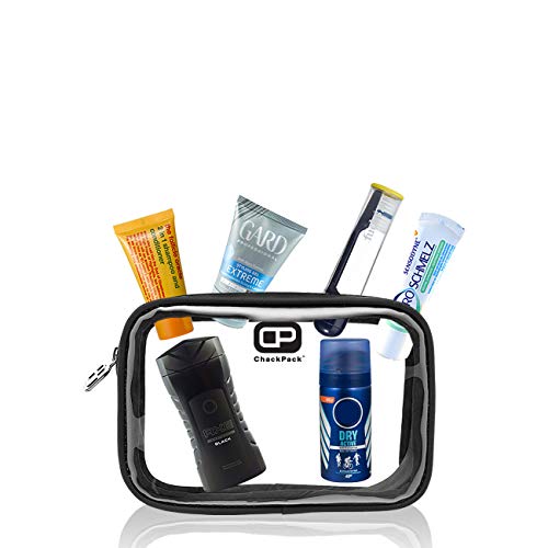 Preisvergleich Produktbild ChackPack Air - Reiseset für Herren / Transparenter Kulturbeutel 1L Volumen mit Körperpflegeprodukten bis 100ml / TSA Genehmigt / Durchsichtige Kulturtasche für Flugreise / Flugzeug Kosmetikbeutel