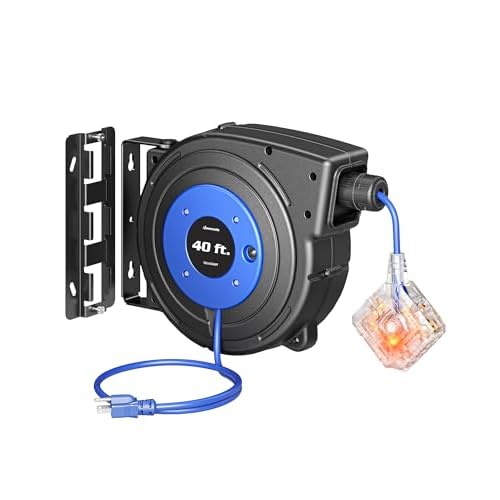 DEWENWILS Retractable Extension Cord Reel with 6 Grounded Outlets, 40FT Retractable Cord Reel, Twist-lock Stopper, 12/3C SJTOW, 15A Circuit Breaker, Heavy Duty Power Cord, ETL Listed Blue,6