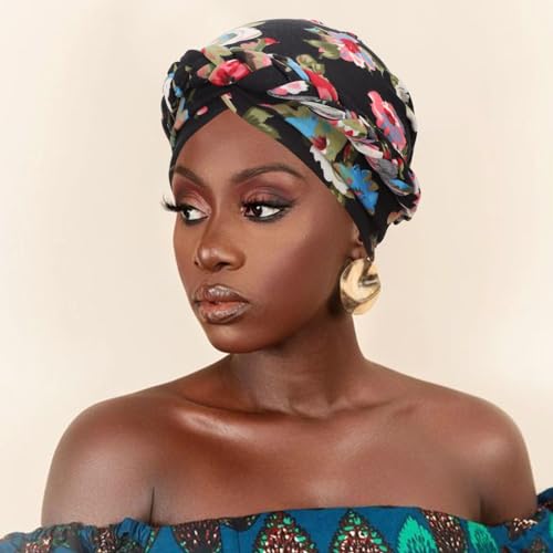 Image of DRESHOW Turban Pre-Tied Twisted Hat Thread African Head Wraps for Black Women Chemo Cancer Cap Braid Hair Cover