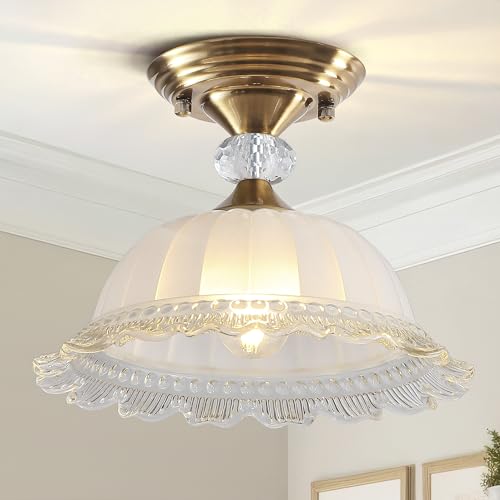 CWarmozy 10.6" Milk Glass Semi Flush Mount Light Fixture Brass